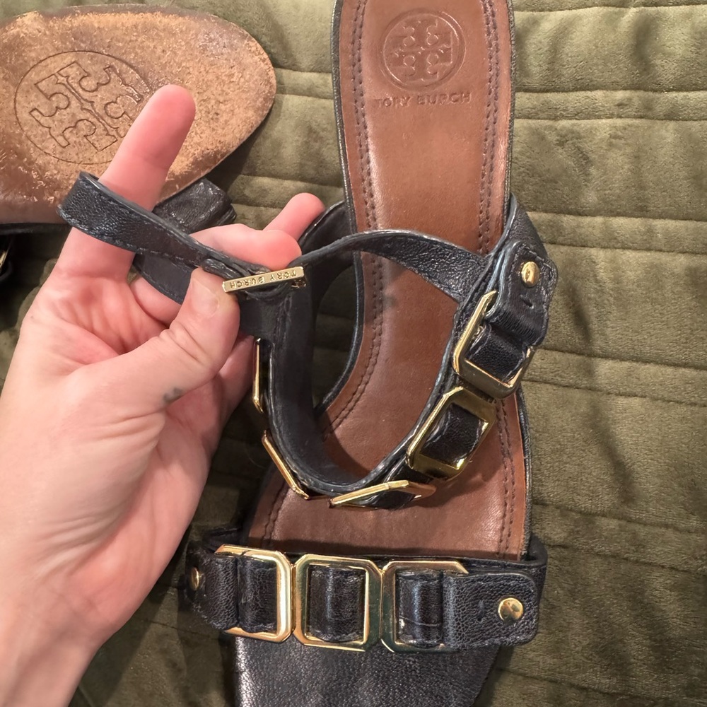 Tory Burch Black and Gold Leather Sandals - Picture 3 of 9